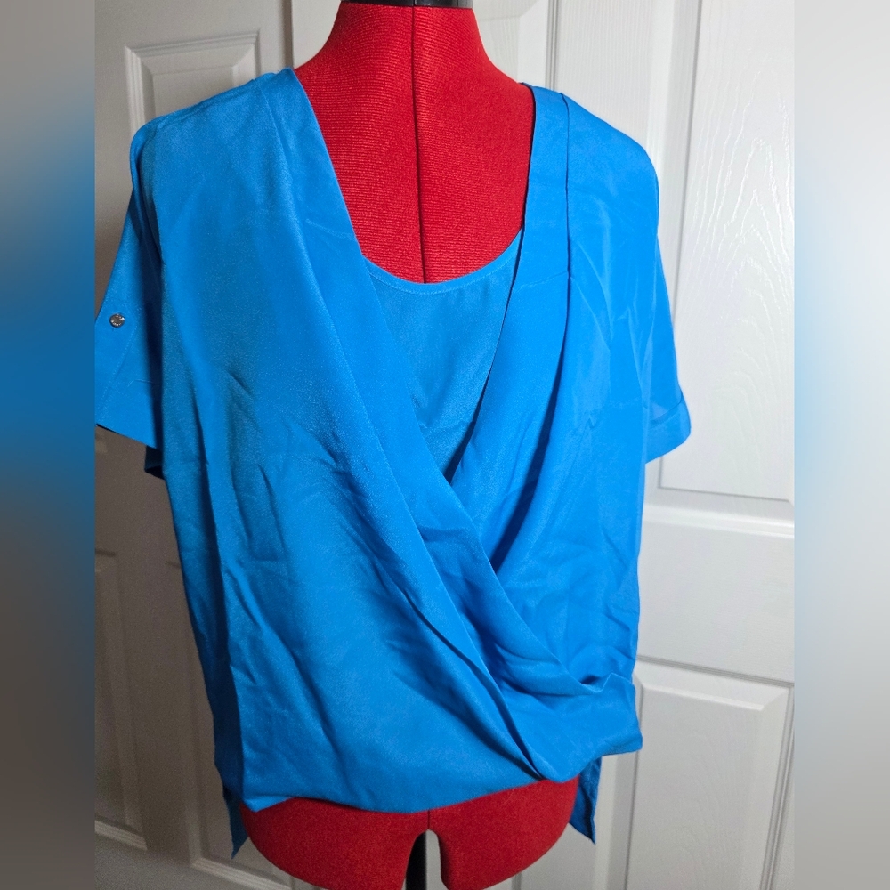 bebe Vivid Blue Draped Wrap Blouse